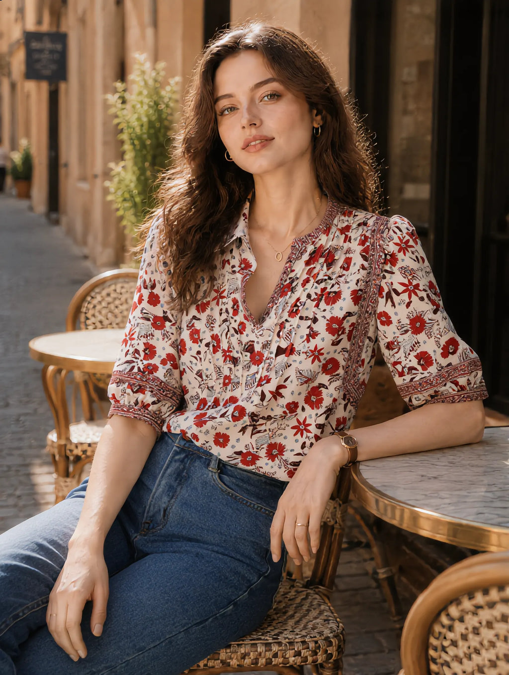 Lesley Classic Puff Sleeve Printed Top Flowering Girl