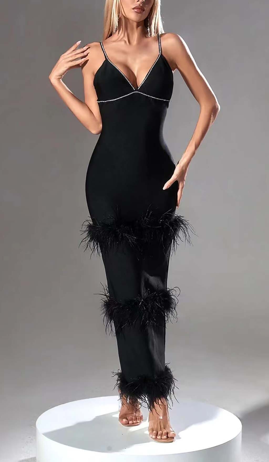 Rhinestone Tiered Feather Midi Dress In Black Flowering Girl