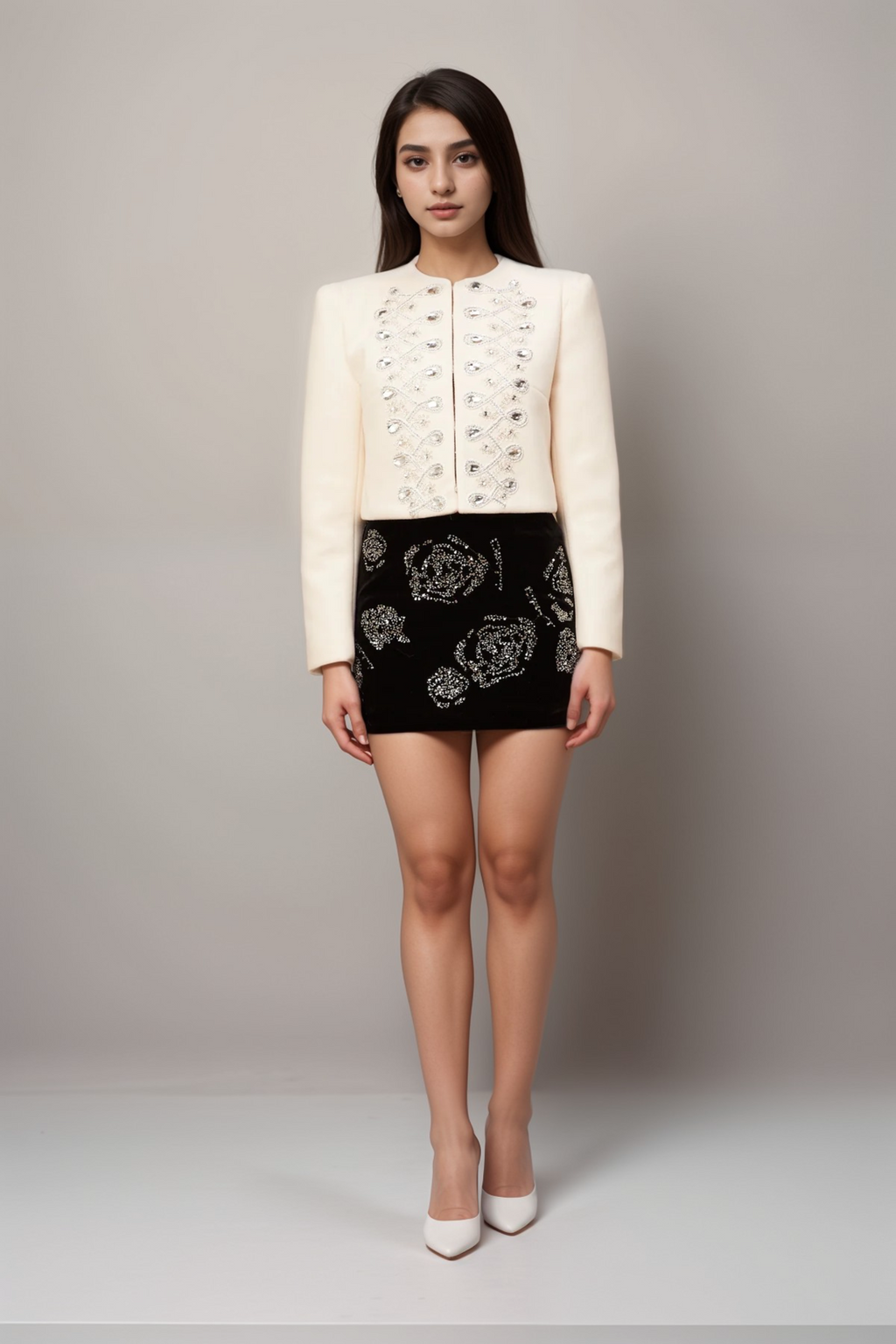 Nerina White Crystal-Embellished Tweed Jacket Flowering Girl