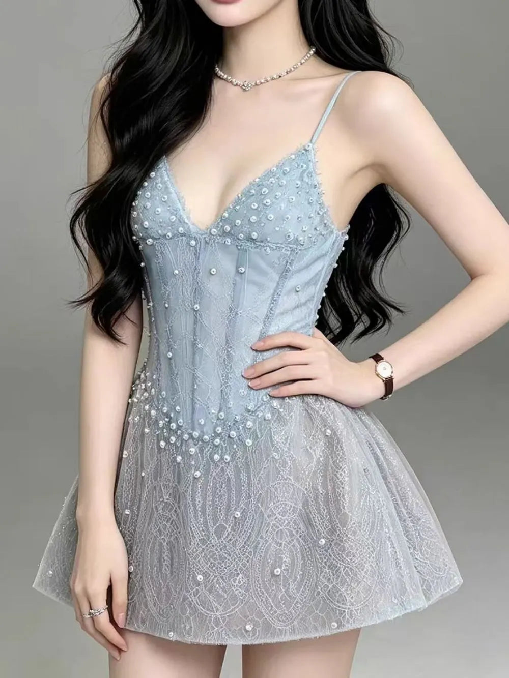 Manal Blue Spaghetti Beaded Corset Mini Dress Flowering Girl