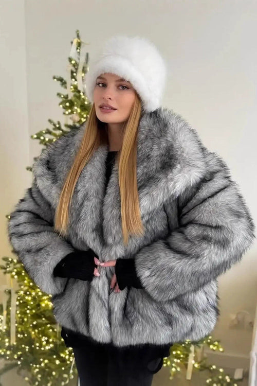 Artificial Leather Fox Fur Jacket In Gray Flowering Girl