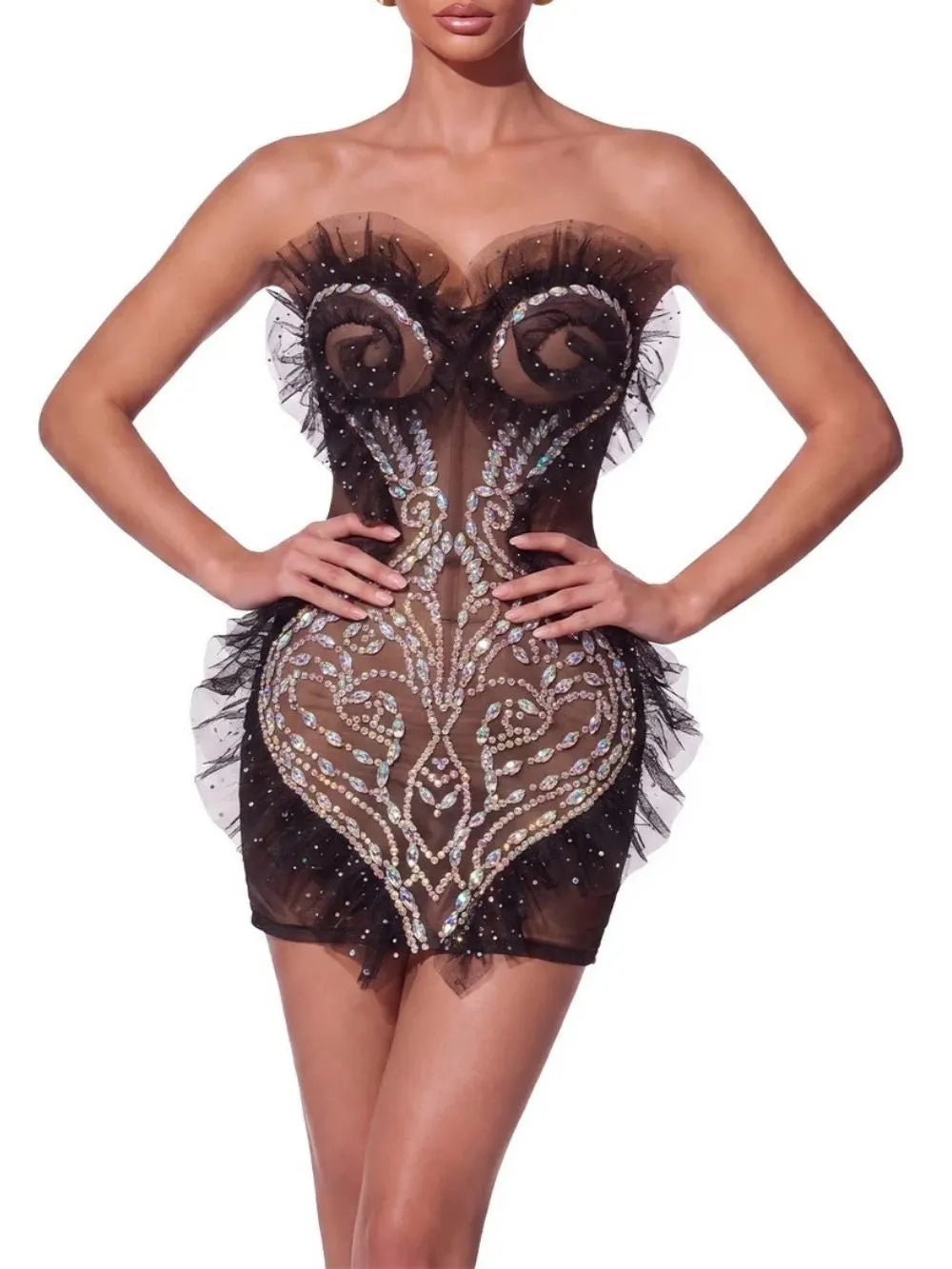 Xendril Strapless Crystal Mesh Mini Dress Flowering Girl