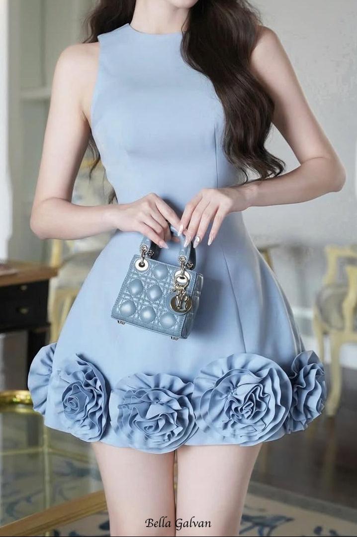janice 3d flower sleeveless mini dress in blue Flowering Girl