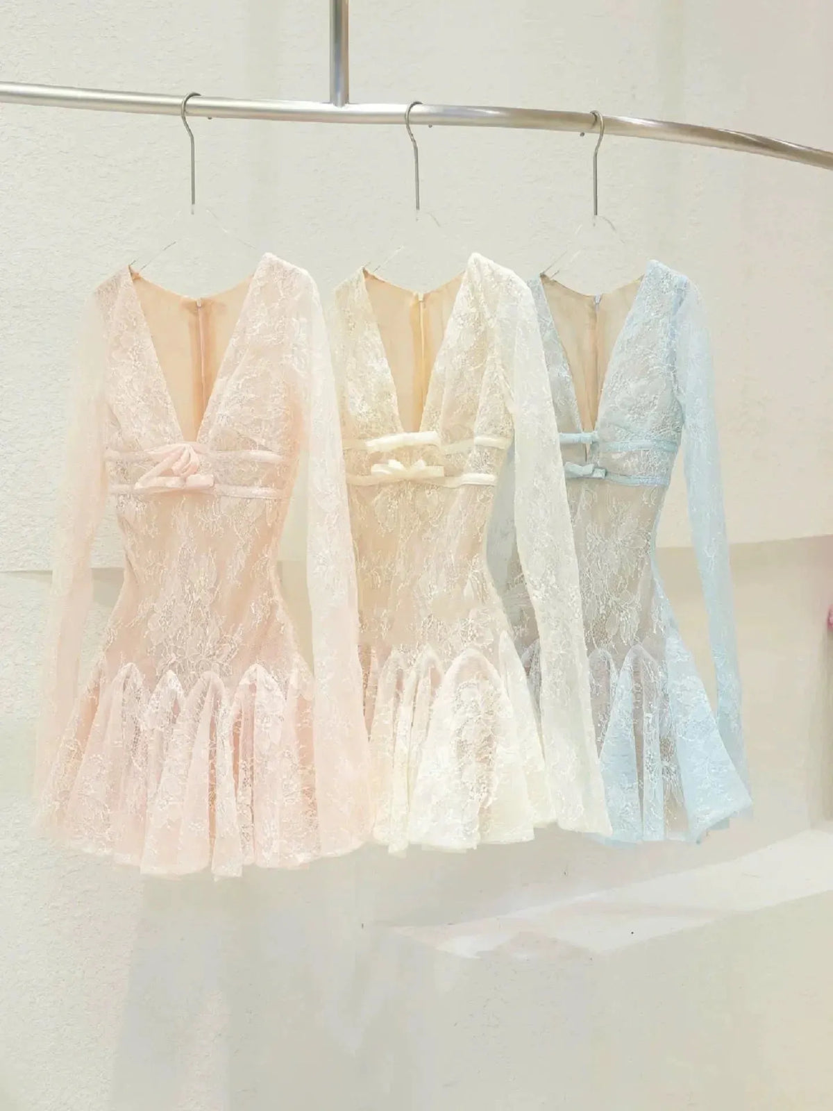 Eileen Long-Sleeve v-Neck Lace A-Line Mini Dress In Pink Flowering Girl