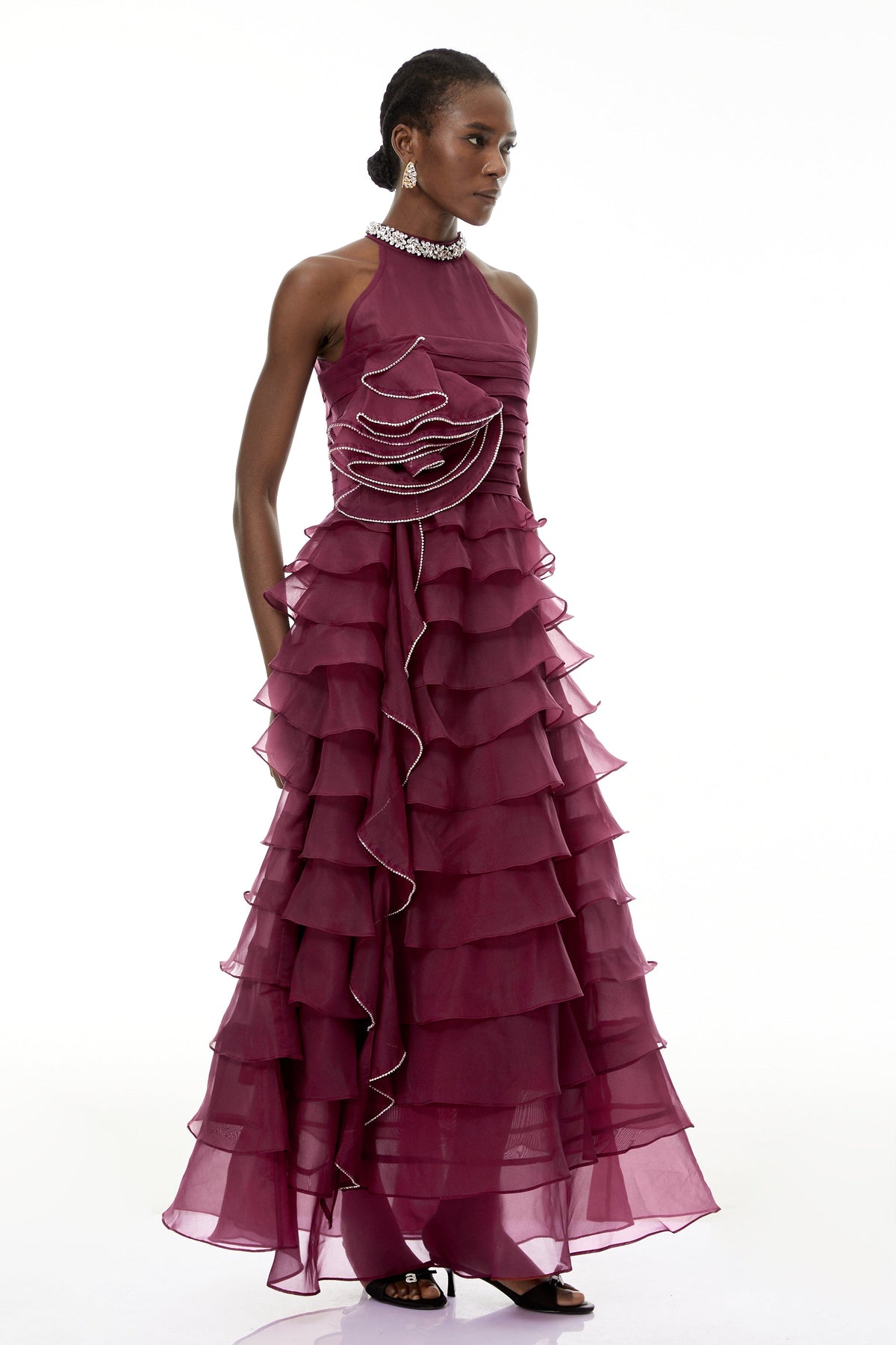 Samantha Red 3D Petal Ruffled Rhinestone Embellished Maxi Dress Flowering Girl