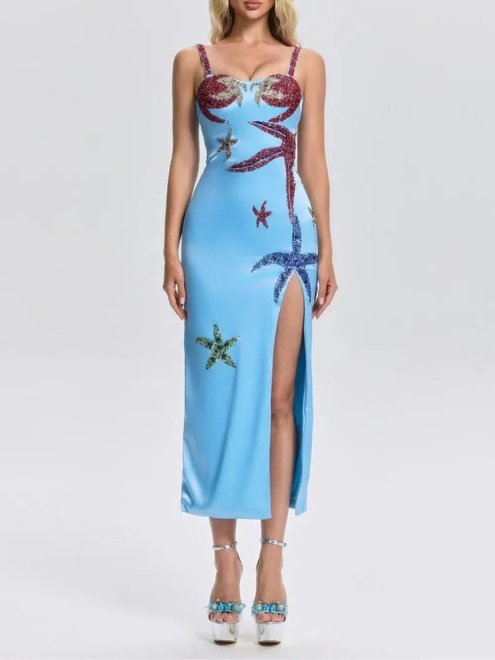 Grimricn Starfish Rhinestone Split Midi Dress Flowering Girl