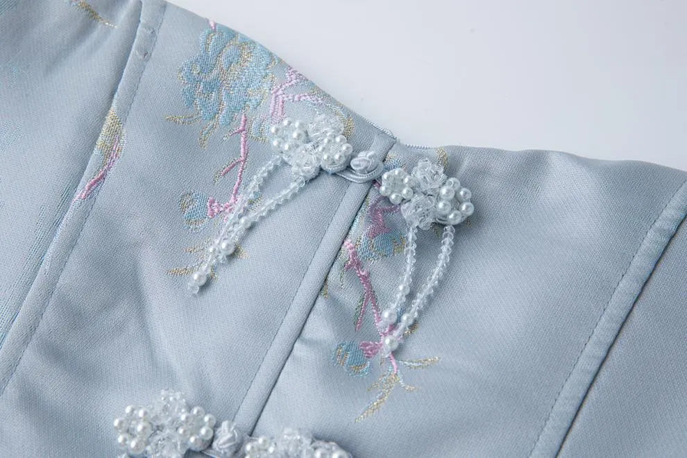 Lisa Jacquard Fishbone Bodice A-Line Mini Dress In Blue Flowering Girl