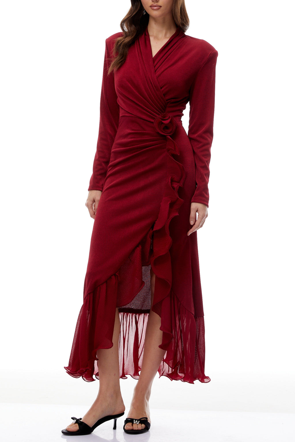 Joyce Red Ruffled Gathered High Slit Knit Midi Dress Flowering Girl