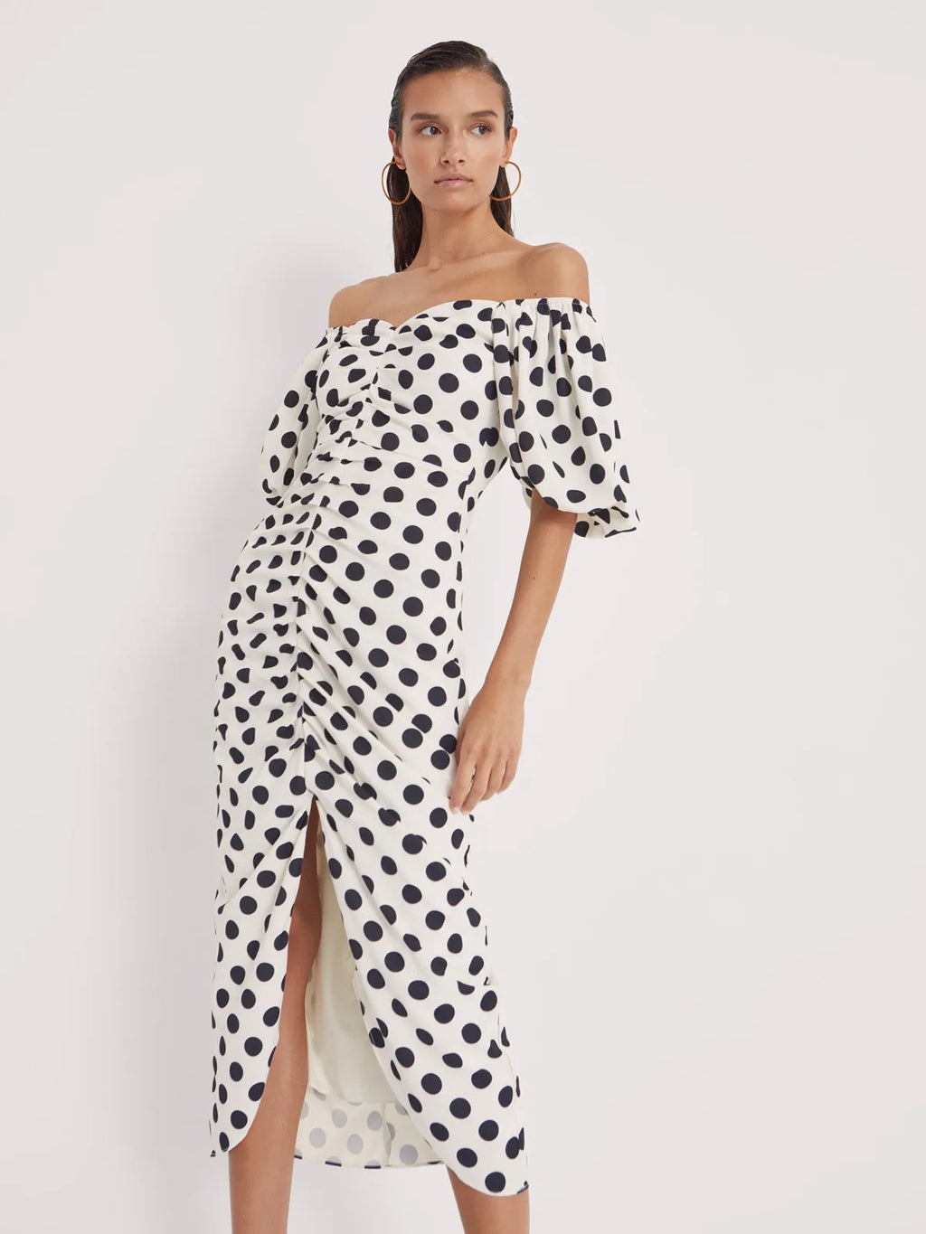 Rita Dots - Draped Polka Dot Midi Dress Flowering Girl
