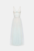 Monica Blue Draped Tulle Fishbone Maxi Dress Flowering Girl