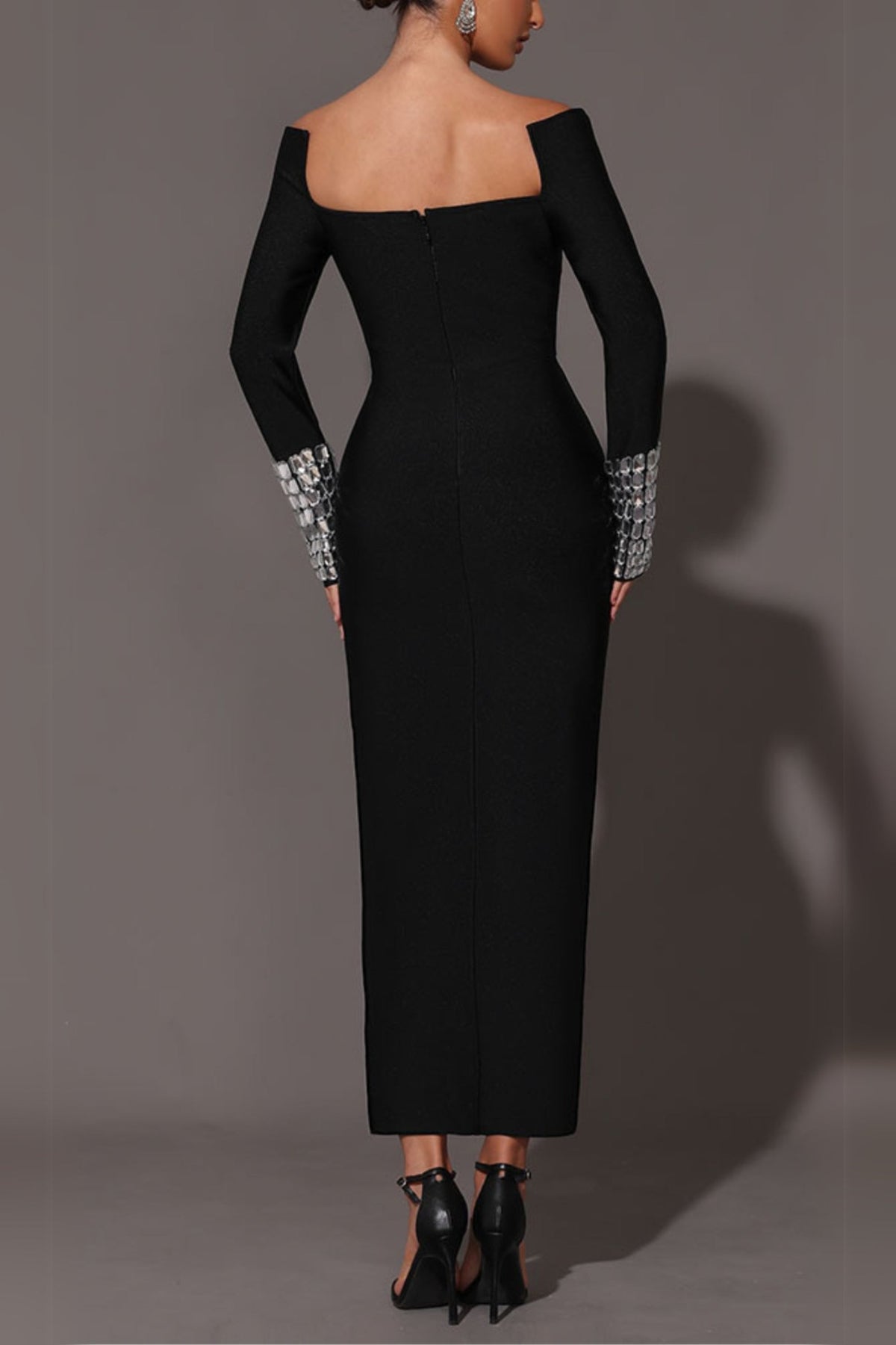 Square Neck Diamond Tight Bandage Maxi Dress In Black Flowering Girl