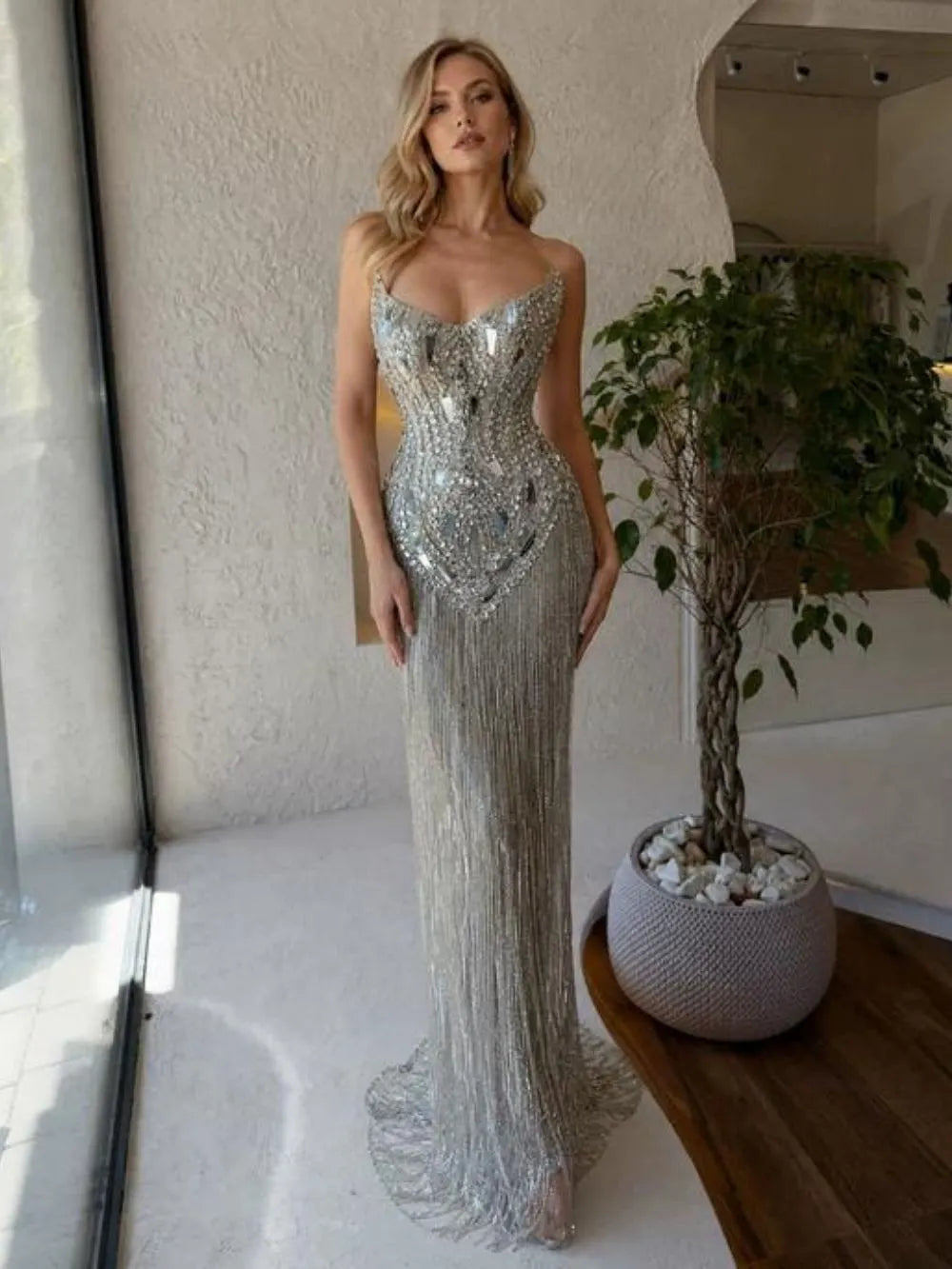 Marlen Strapless Diamante Tassel Maxi Dress Flowering Girl
