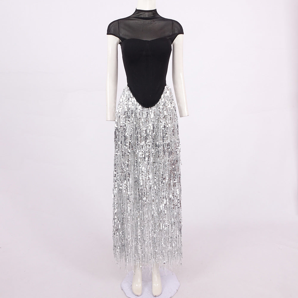 Tassel Sequin Black Corset Maxi Dress Flowering Girl