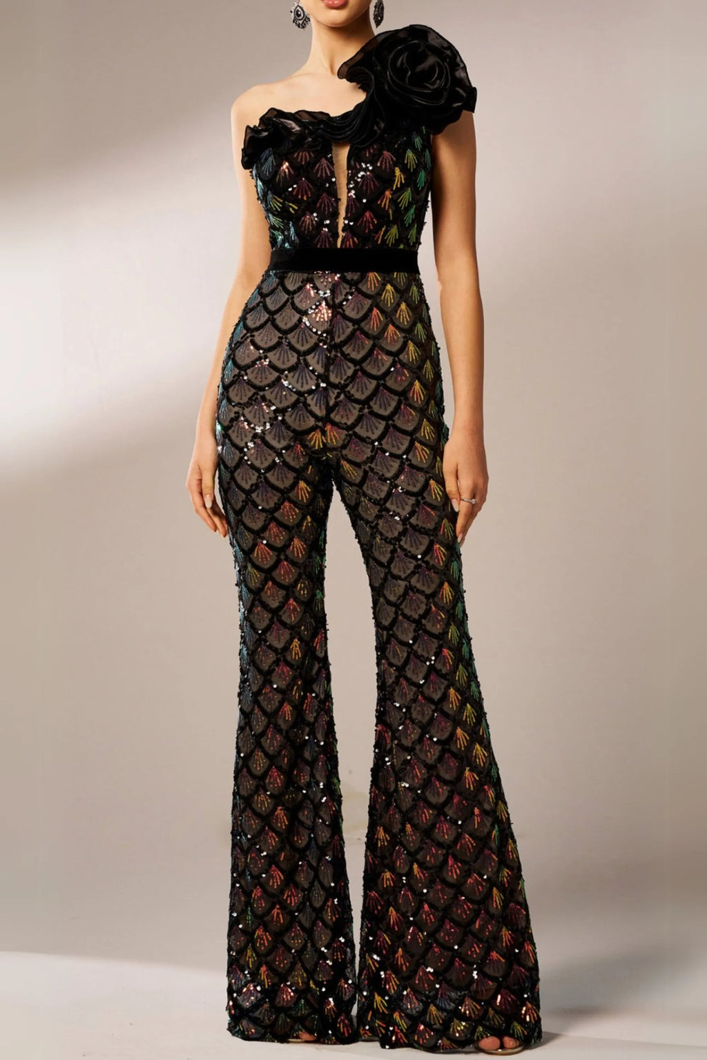 Mermaid Scale Floral One-Shoulder Sequin Jumpsuit Flowering Girl
