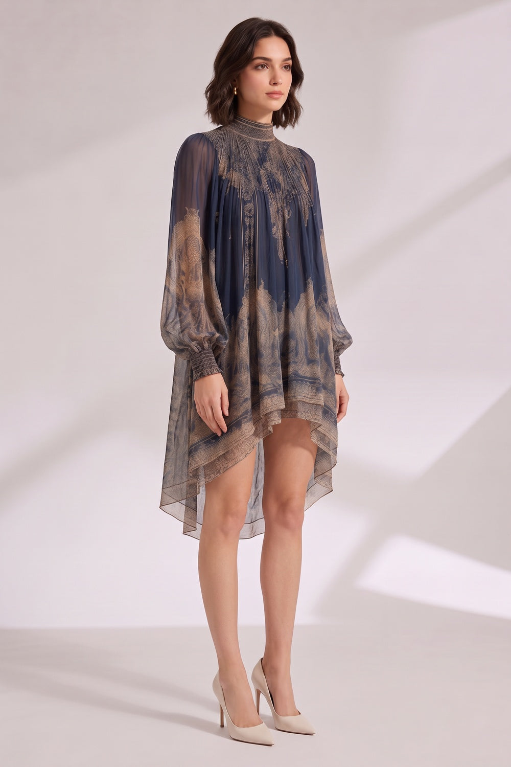 Navy Blue Sheer Chiffon Loose A-Line High-Low Drape Mini Dress Flowering Girl