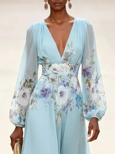 Light Blue V-neck Chiffon Printed Maxi Dress Flowering Girl