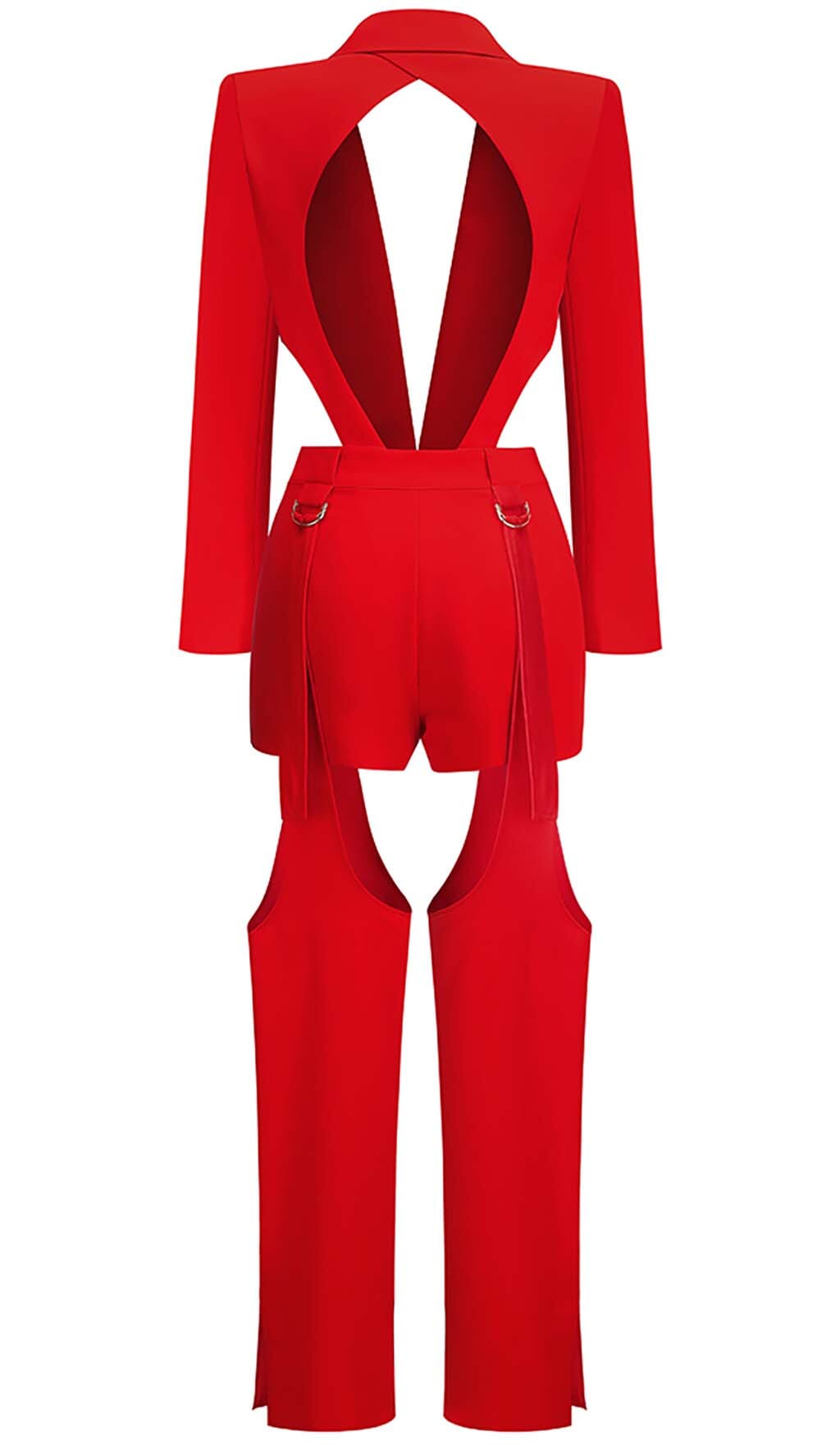 Cutout Backless Three Piece Set In Red Flowering Girl