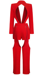 Cutout Backless Three Piece Set In Red Flowering Girl