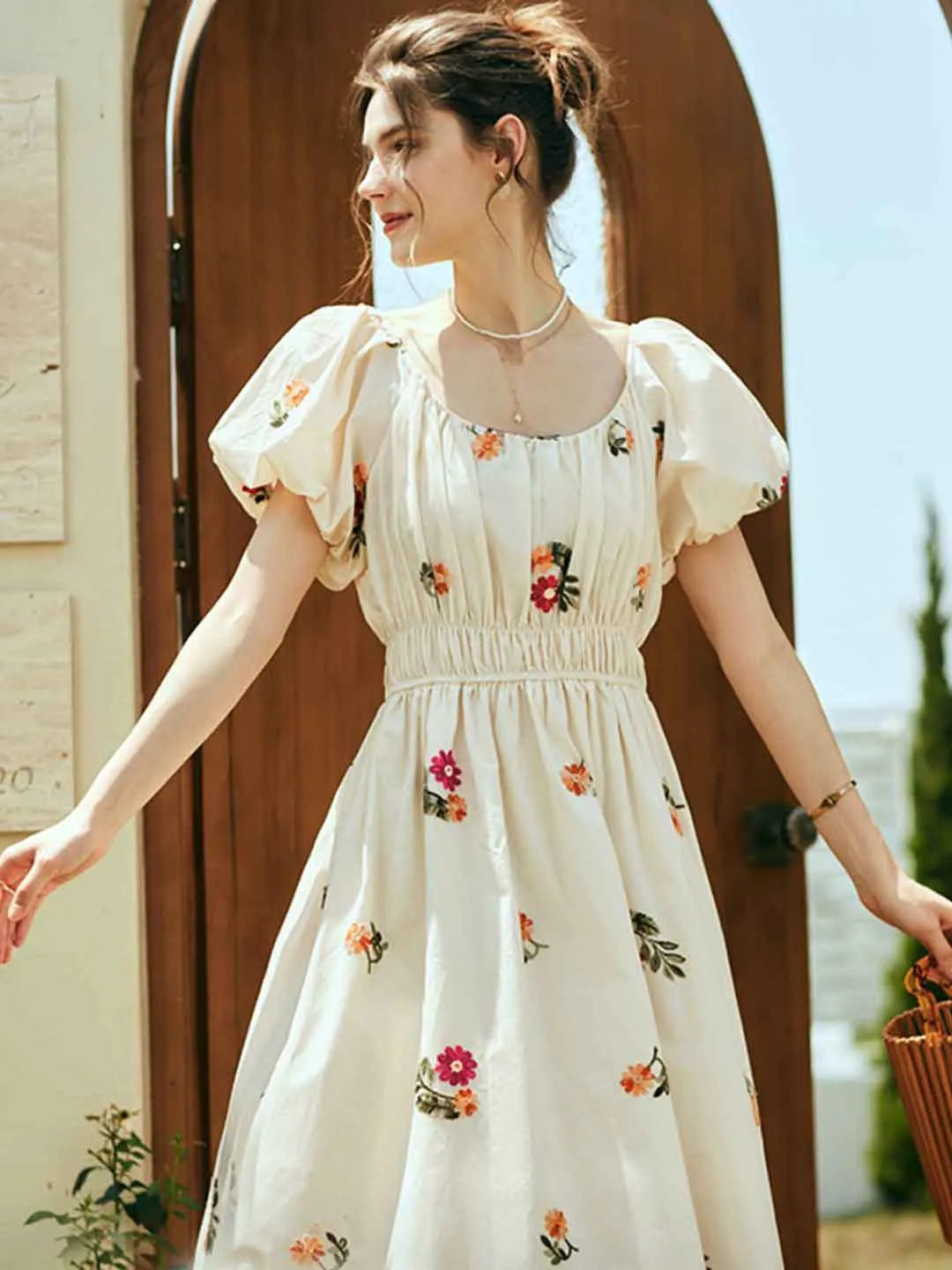 Rosalind Retro Embroidered Puff Sleeve Dress Flowering Girl