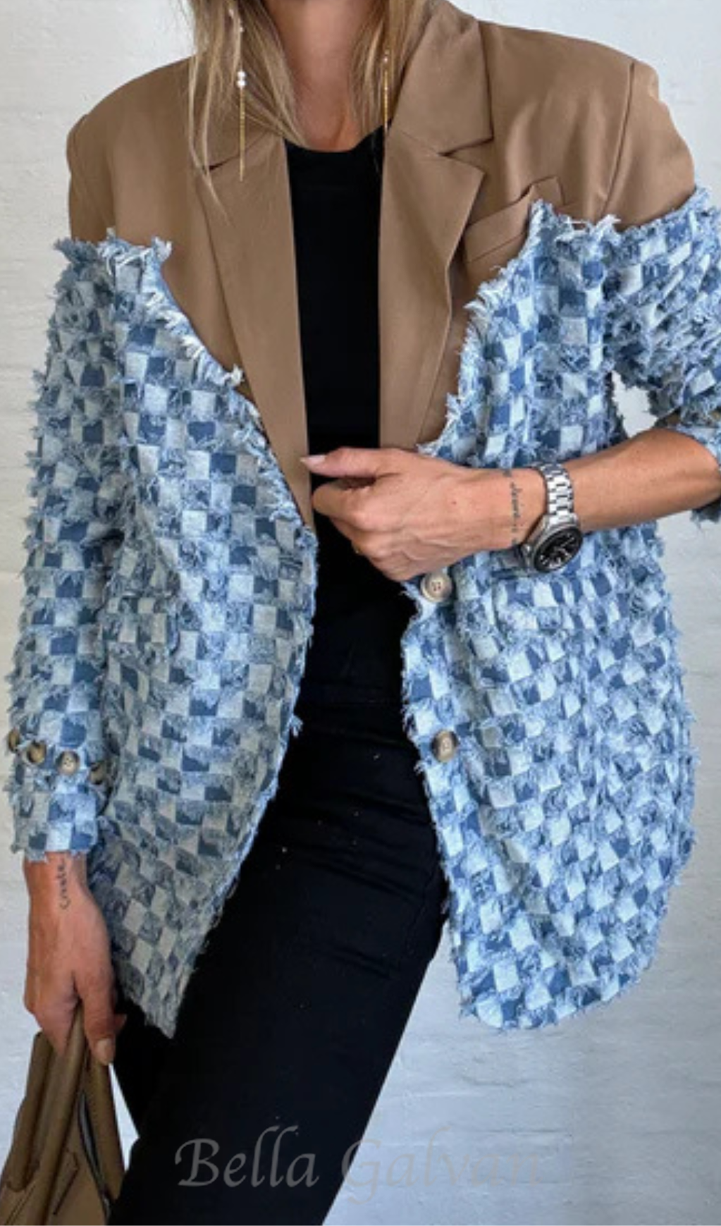 two-tone Denim Checks Blazer in kahki Flowering Girl