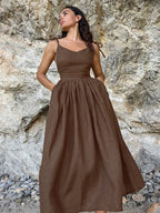 Cotton Linen Backless Strap Midi Dress Flowering Girl