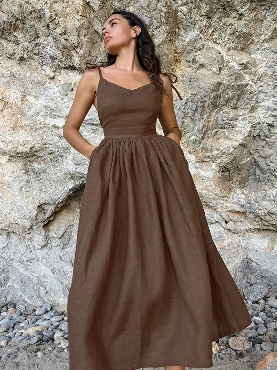 Cotton Linen Backless Strap Midi Dress Flowering Girl