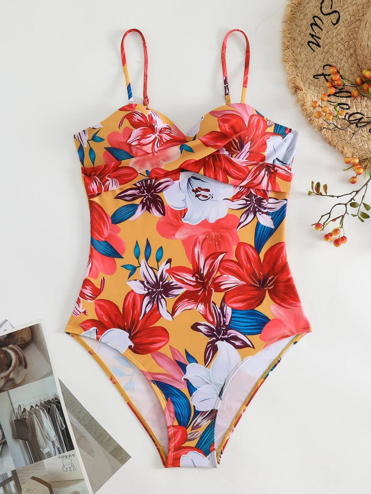 Floral Print Pleated Strap Bikini Flowering Girl