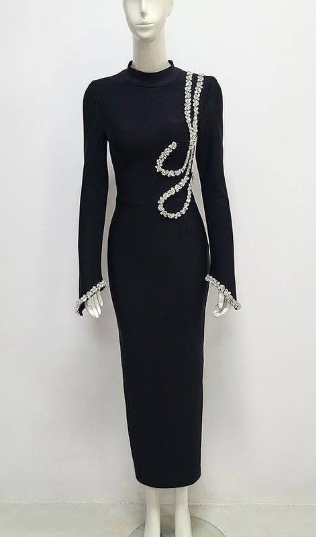 Bronagh Black Long Sleeve Crystal Embellished Midi Dress Flowering Girl