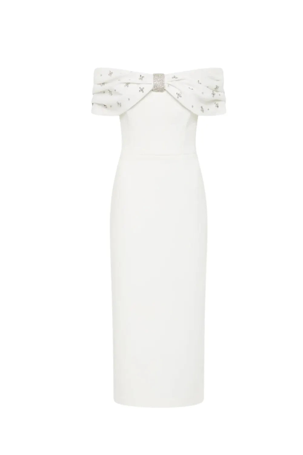 beulah Off-shoulder beaded diamond midi dress in white Flowering Girl