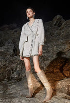 Beige V-Neck Long Sleeve Diamond Stud Coat Flowering Girl