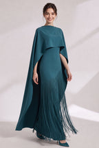 Teal Matte Crepe Column Evening Gown with Asymmetrical Cape Overlay Flowering Girl