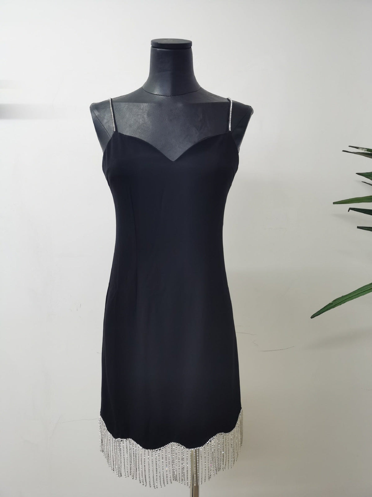 Black Structured Stretch Woven Bodycon Mini Dress with Rhinestone Fringe Flowering Girl