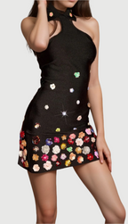 Halter Embellished Flowers Mini Dress Flowering Girl