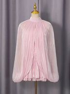 High Neck Keyhole Cape Puff Sleeve Ruched Pleated Mini Dress Flowering Girl