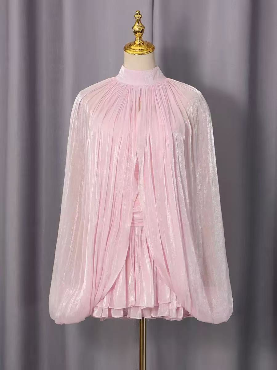 High Neck Keyhole Cape Puff Sleeve Ruched Pleated Mini Dress Flowering Girl