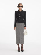 Textured knit jacket skirt suit in black Flowering Girl