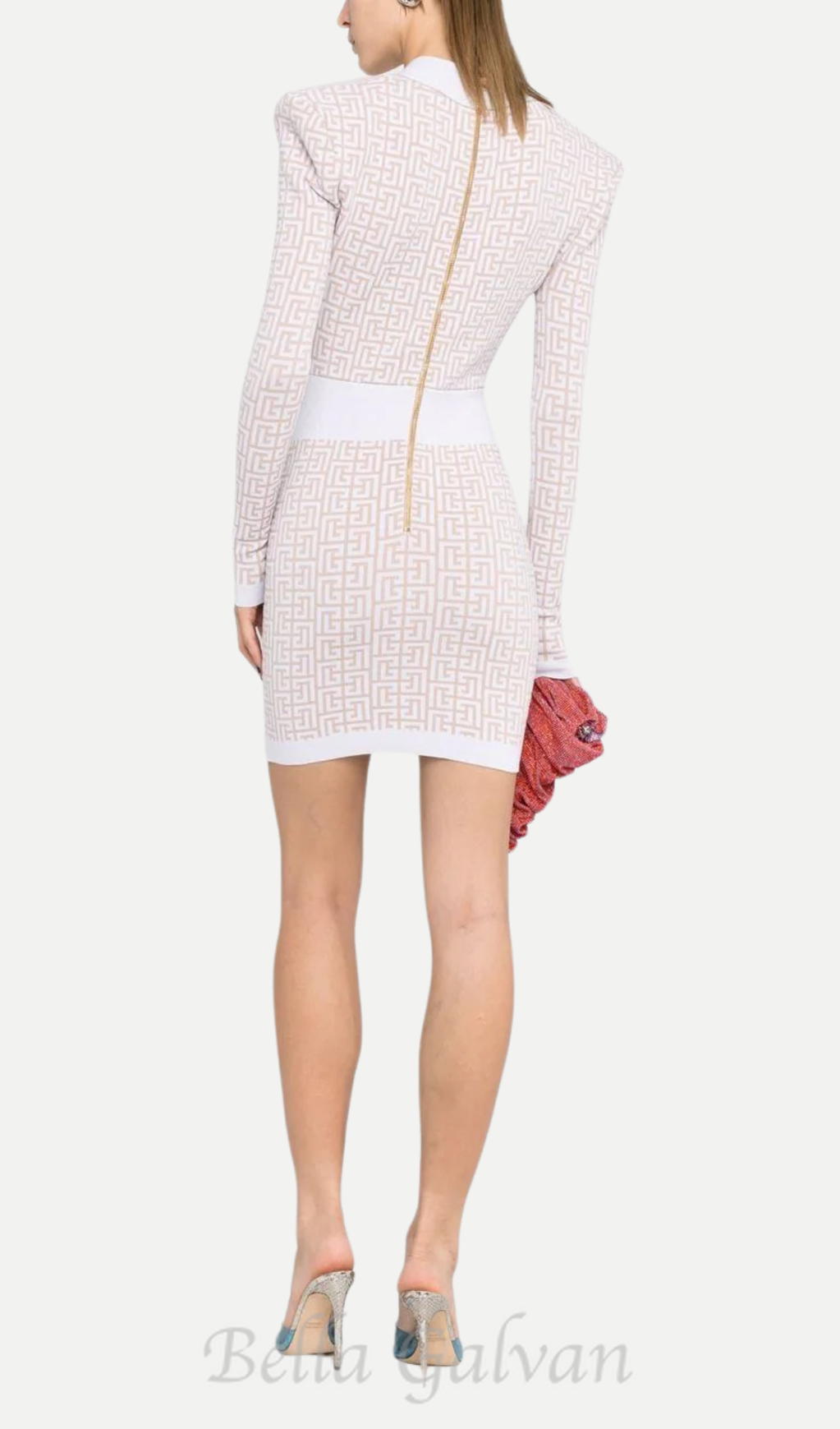 monogram-pattern long-sleeve dress in beige Flowering Girl
