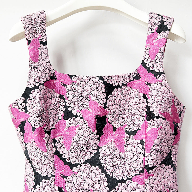 Square Neck Floral Butterfly Print Sleeveless Mini Dress Flowering Girl
