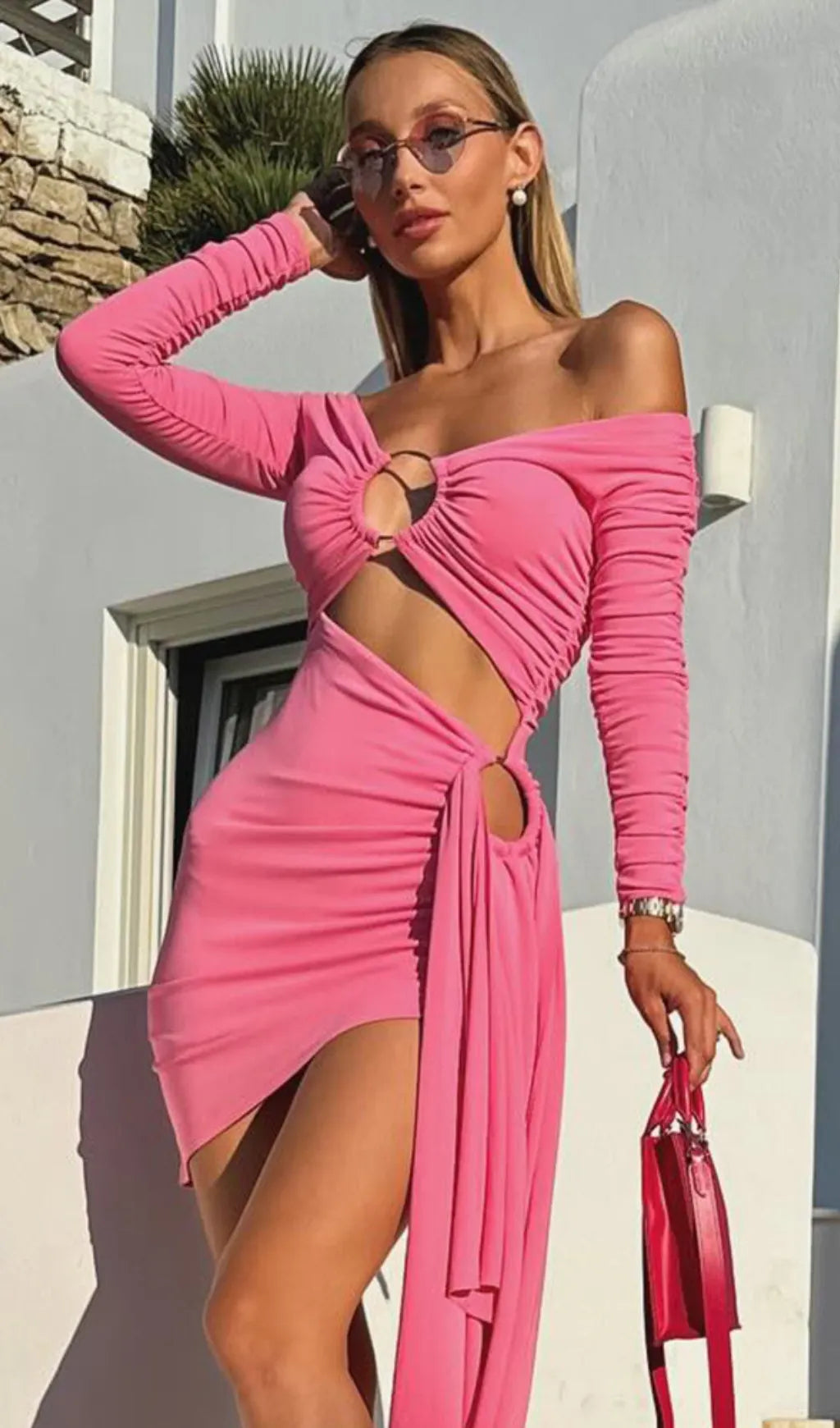 Bia Pink Long Sleeve Ruched Bardot Mini Dress Flowering Girl