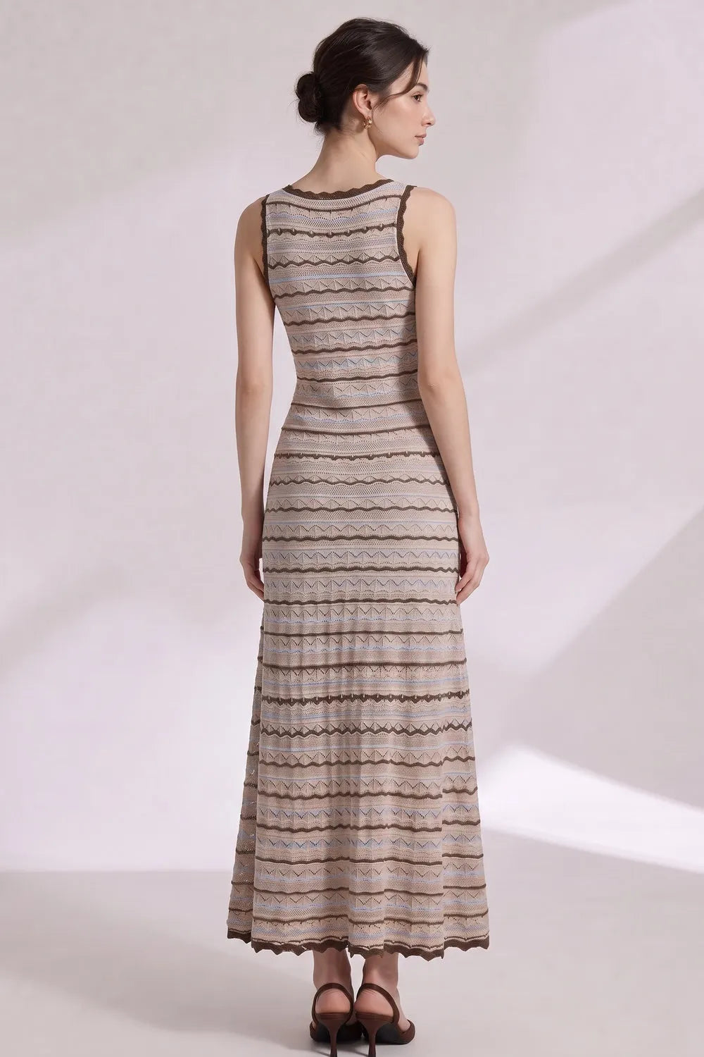 Beige Crochet-Style Knit A-Line Maxi Dress Flowering Girl