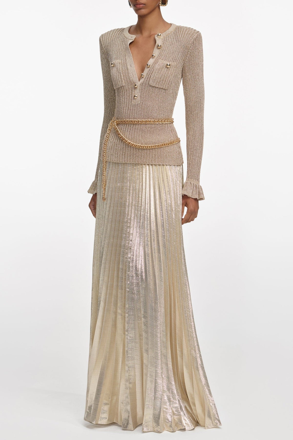 Ellen Gold Lurex Ribbed Knit Maxi Dress Flowering Girl