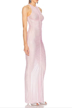 Hollow Mesh Rhinestone Sleeveless Maxi Dress In Pink Flowering Girl