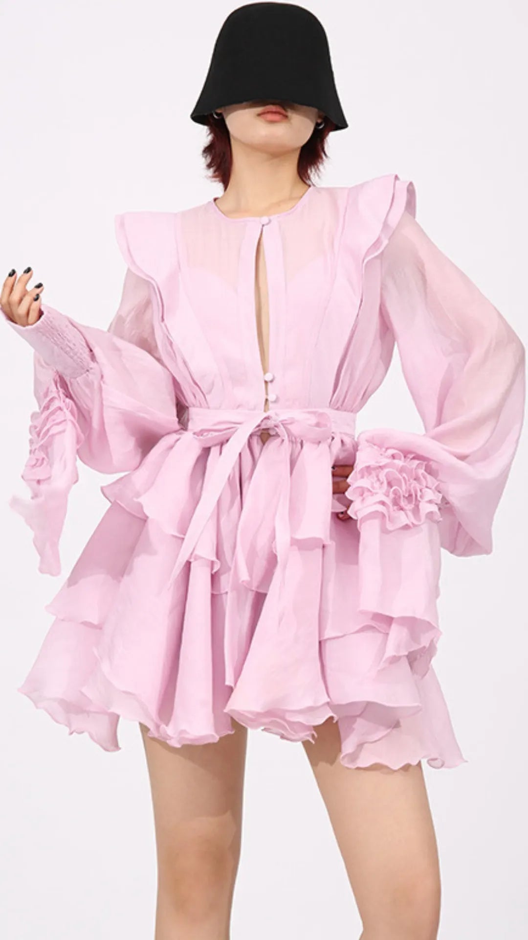 Fleur Pink Long Sleeve Ruffle Mini Dress Flowering Girl