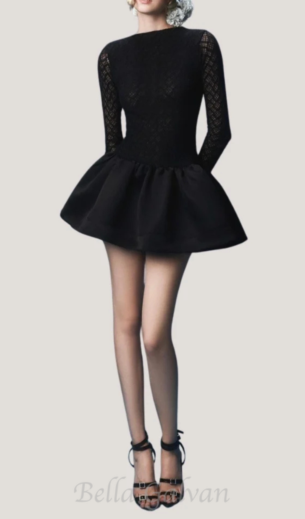 Lace Patchwork Puff Mini Dress in black Flowering Girl