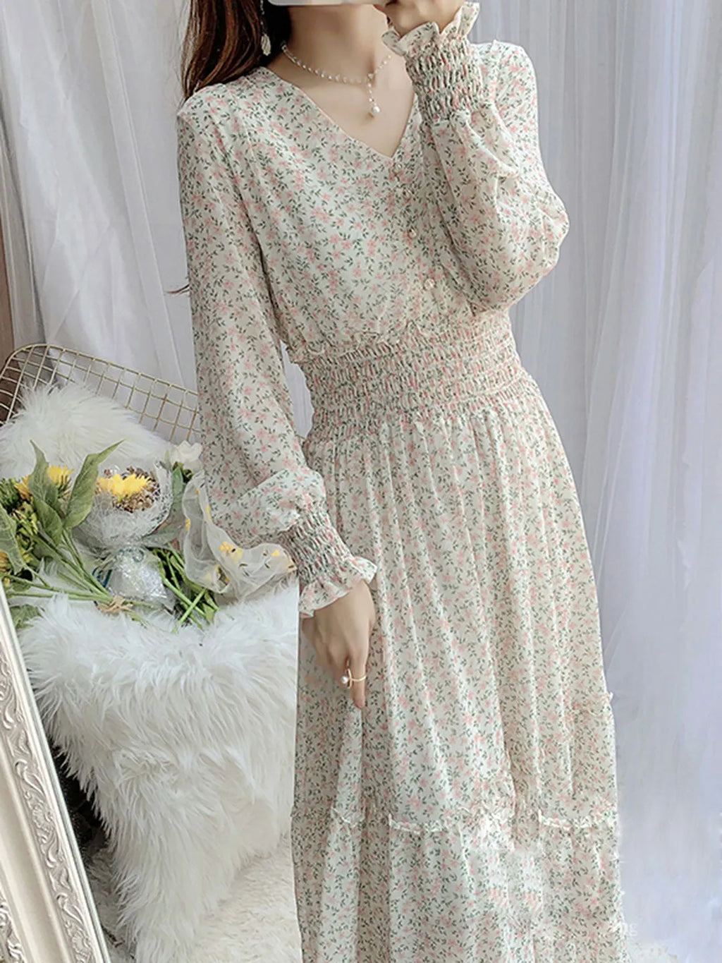 Janet Classic Floral Ruffle Chiffon Dress-Yellow Flowering Girl