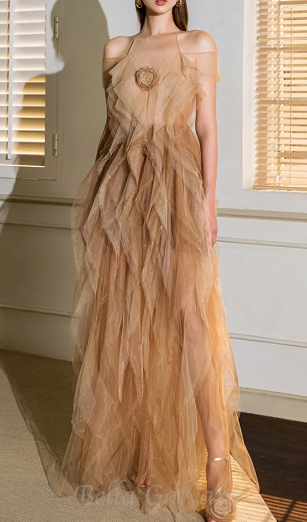 valerie floral ruffled tulle maxi dress in apricot Flowering Girl