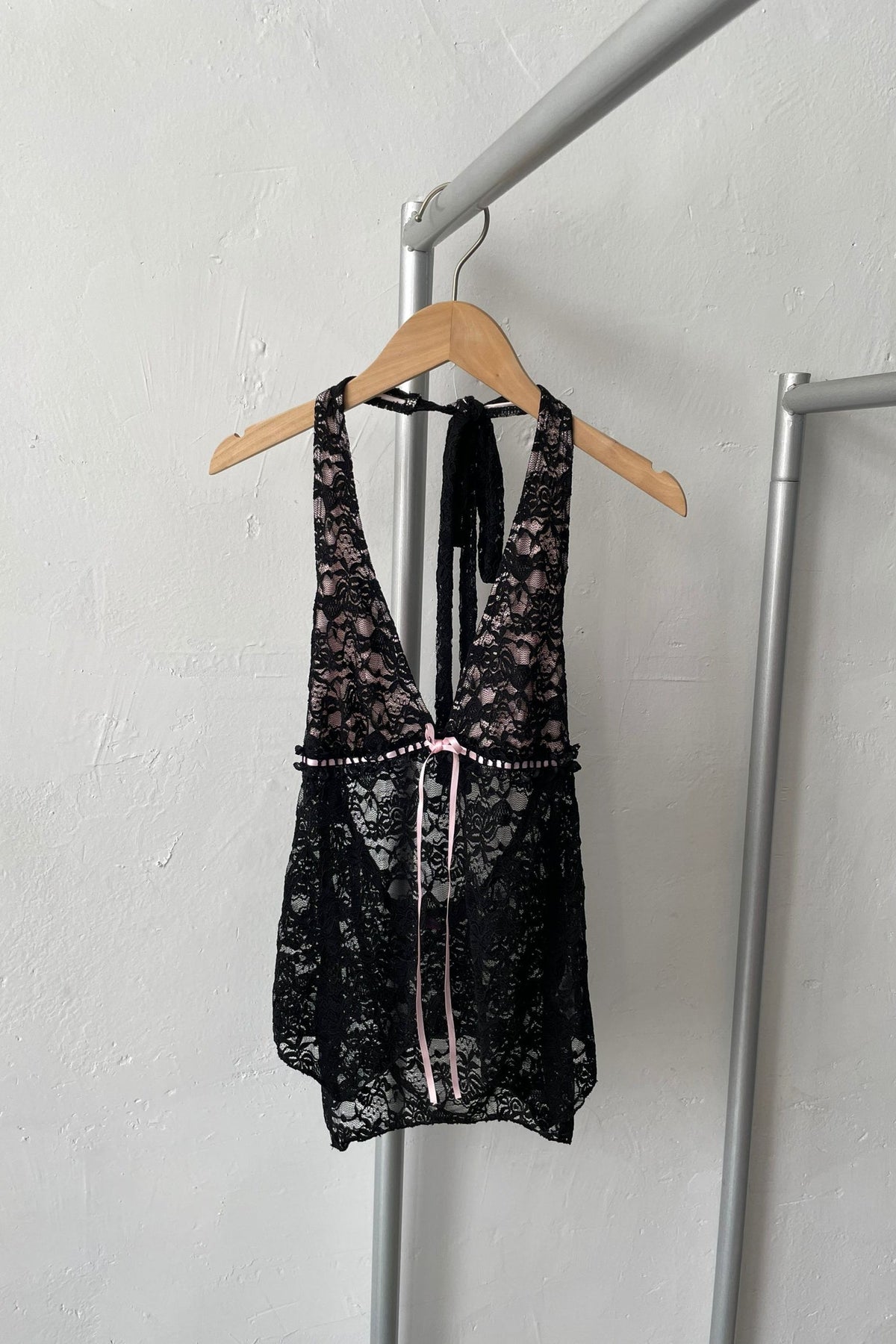 Backless Sheer Lace Halter Top In Black Flowering Girl