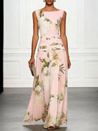 Floral Print Ruched Sleeveless A-Line Maxi Dress Flowering Girl