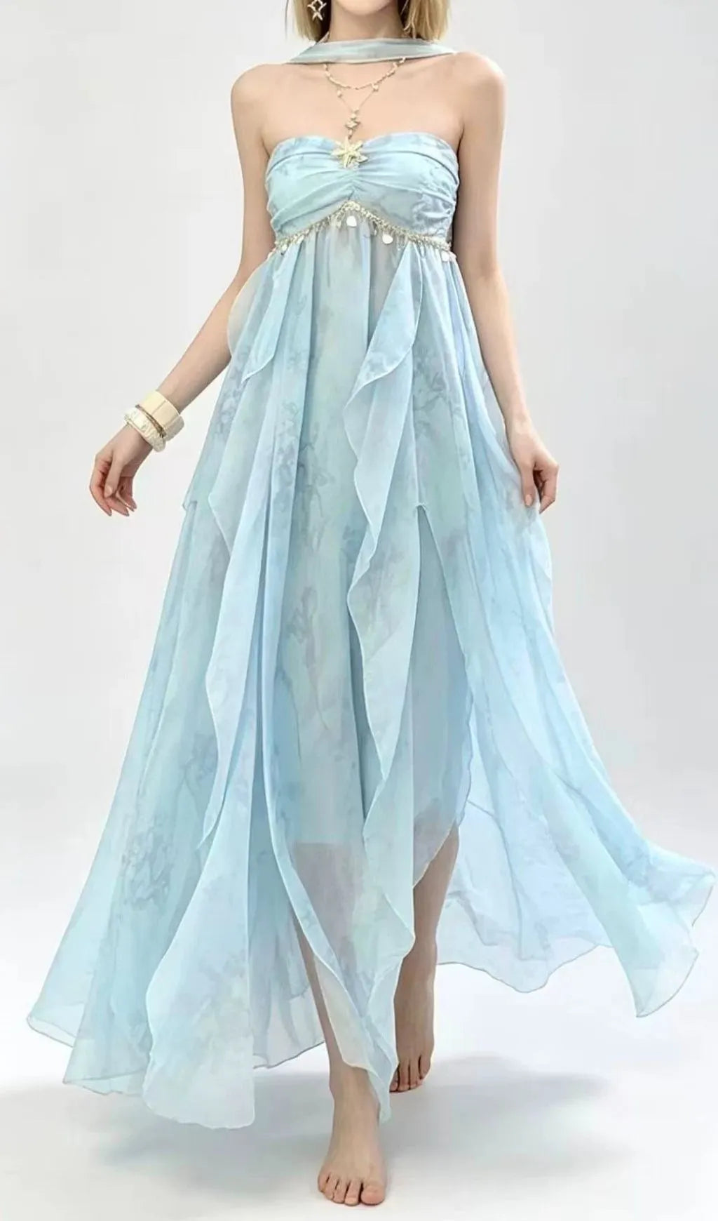 Laverna Blue Strapless Printed Maxi Dress Flowering Girl