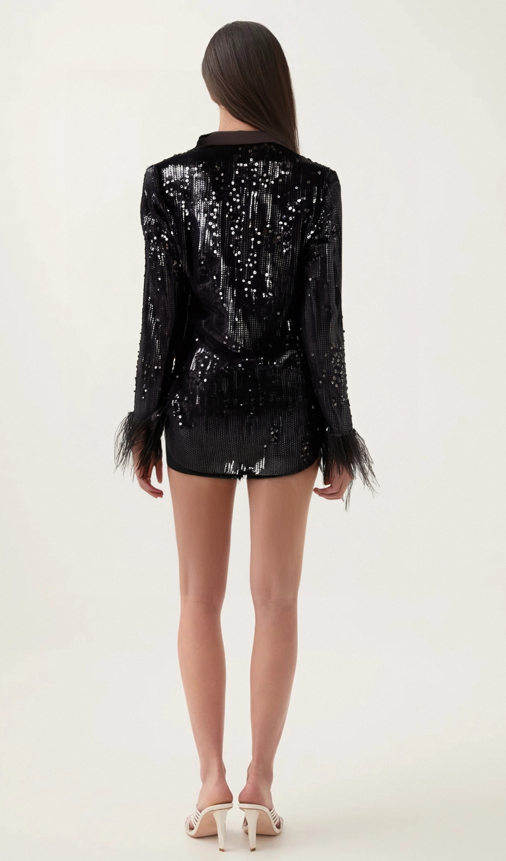 Ariane black feather-trim sequin-embellished blazer Flowering Girl